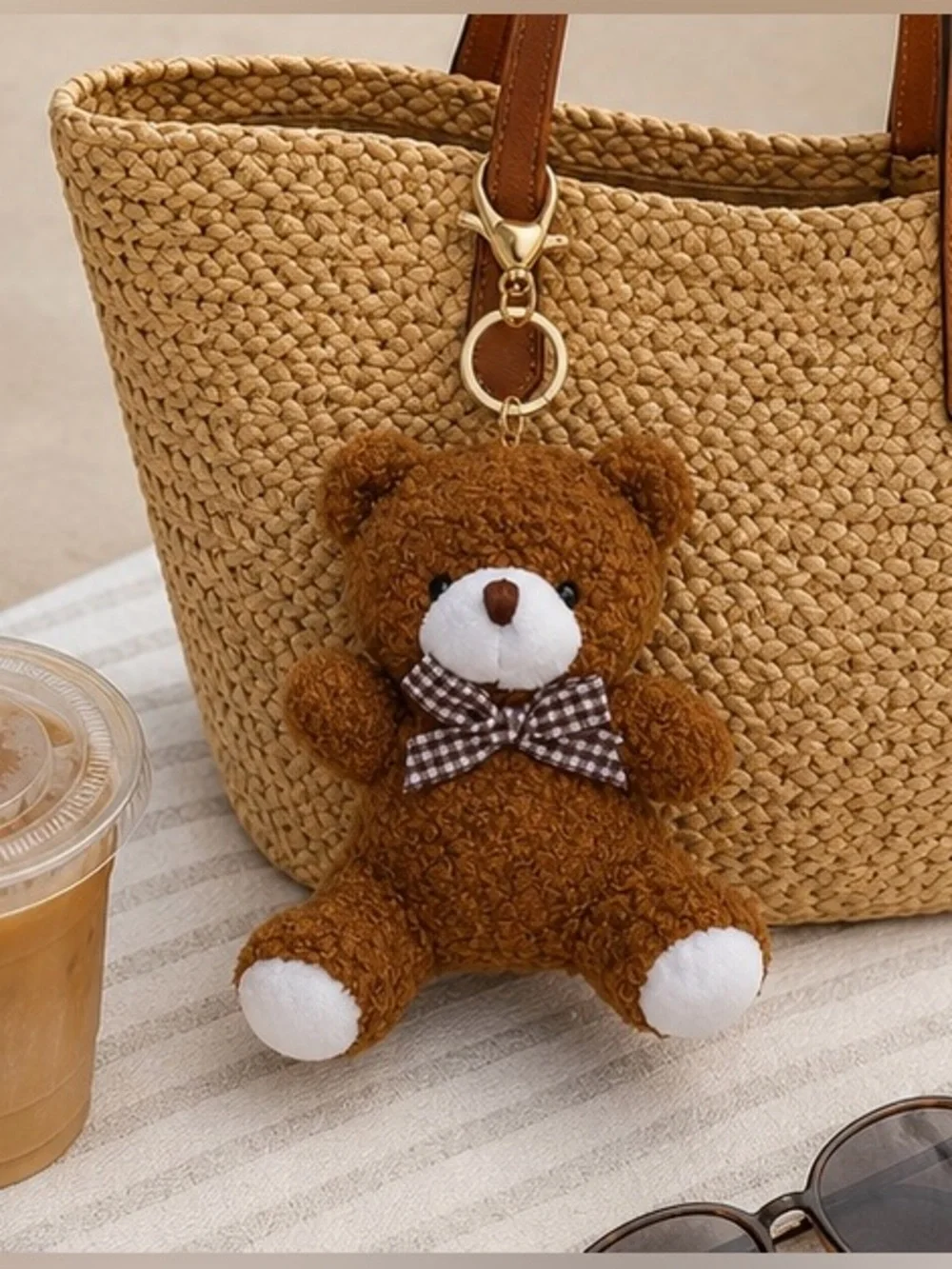 Teddy Bear Plush Bag Charm & Keychain | Brown Gingham Bow | 5” NWT 🧸✨